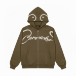 Carsicko Full Zip Hoodie Brown featuring white cursive text "Carsicko," decorative arrow designs, patterned hood and front pockets; casual and stylish tone.