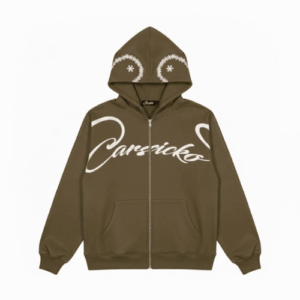 Carsicko Full Zip Hoodie Brown featuring white cursive text "Carsicko," decorative arrow designs, patterned hood and front pockets; casual and stylish tone.