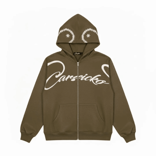 Carsicko Full Zip Hoodie Brown featuring white cursive text "Carsicko," decorative arrow designs, patterned hood and front pockets; casual and stylish tone.